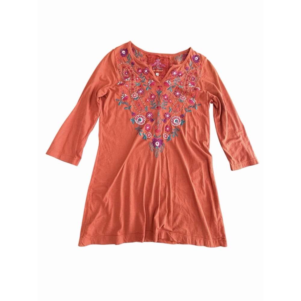 Johnny Was Shirt Womens XS Coral Floral Embroidered Tunic Boho Top #KKK11-3